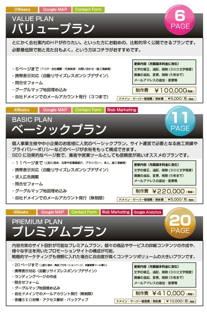 ホームページ作成プラン料金表仙台